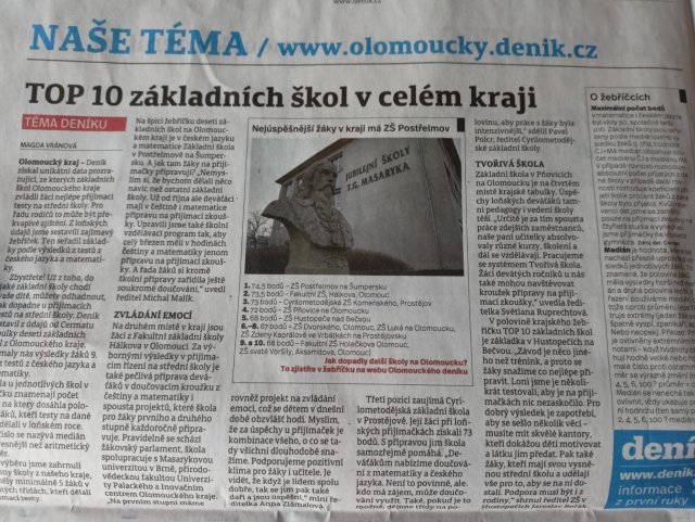 Patříme mezi TOP 10 základních škol v Olomouckém kraji